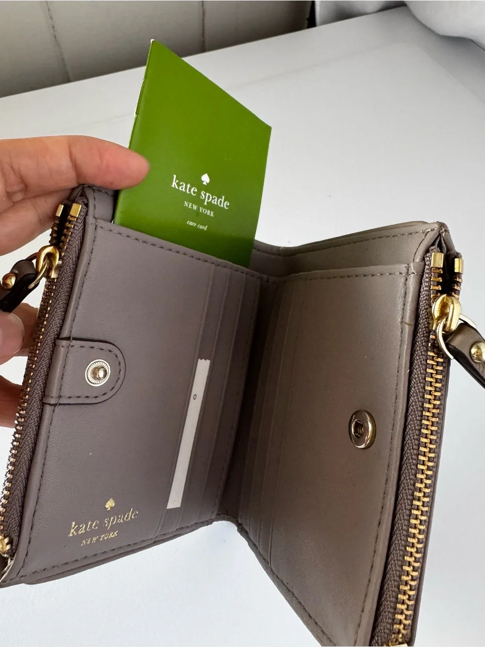 kate spade Taupe Leather Zip Compact Wallet